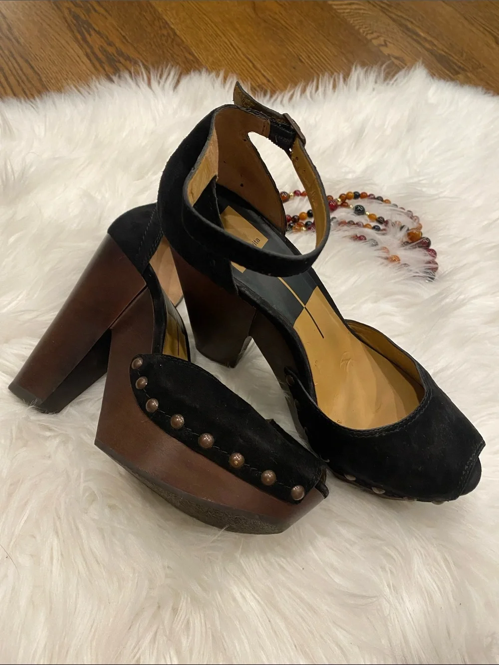 Black Suede Studded Platform Ankle-Strap Heels